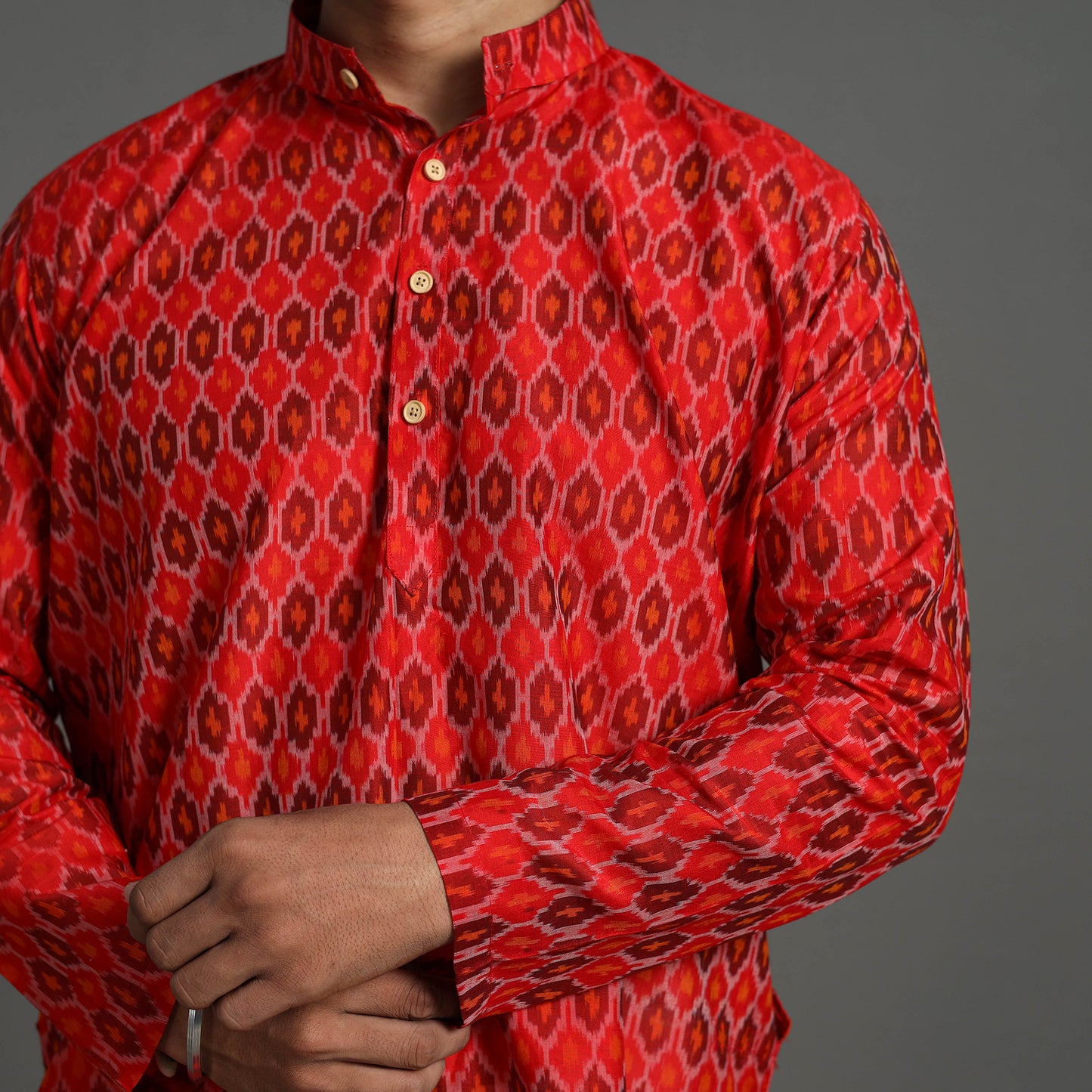 Red - Silk Cotton Handwoven Pochampally Ikat Kurta for Men 05