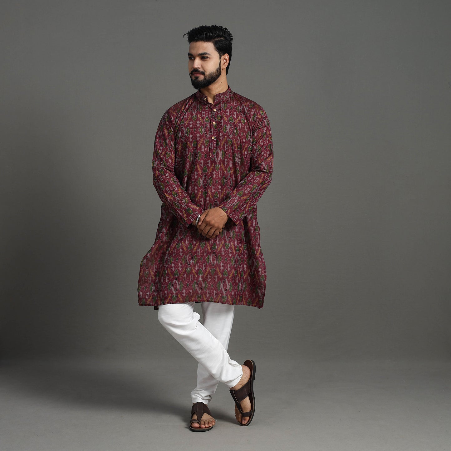 Maroon - Silk Cotton Handwoven Pochampally Ikat Kurta for Men 04