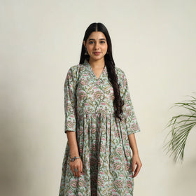 Buy Green Block Print Cotton Flared Sanganeri Kurta Set