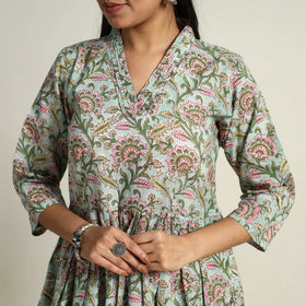 Buy Green Block Print Cotton Flared Sanganeri Kurta Set