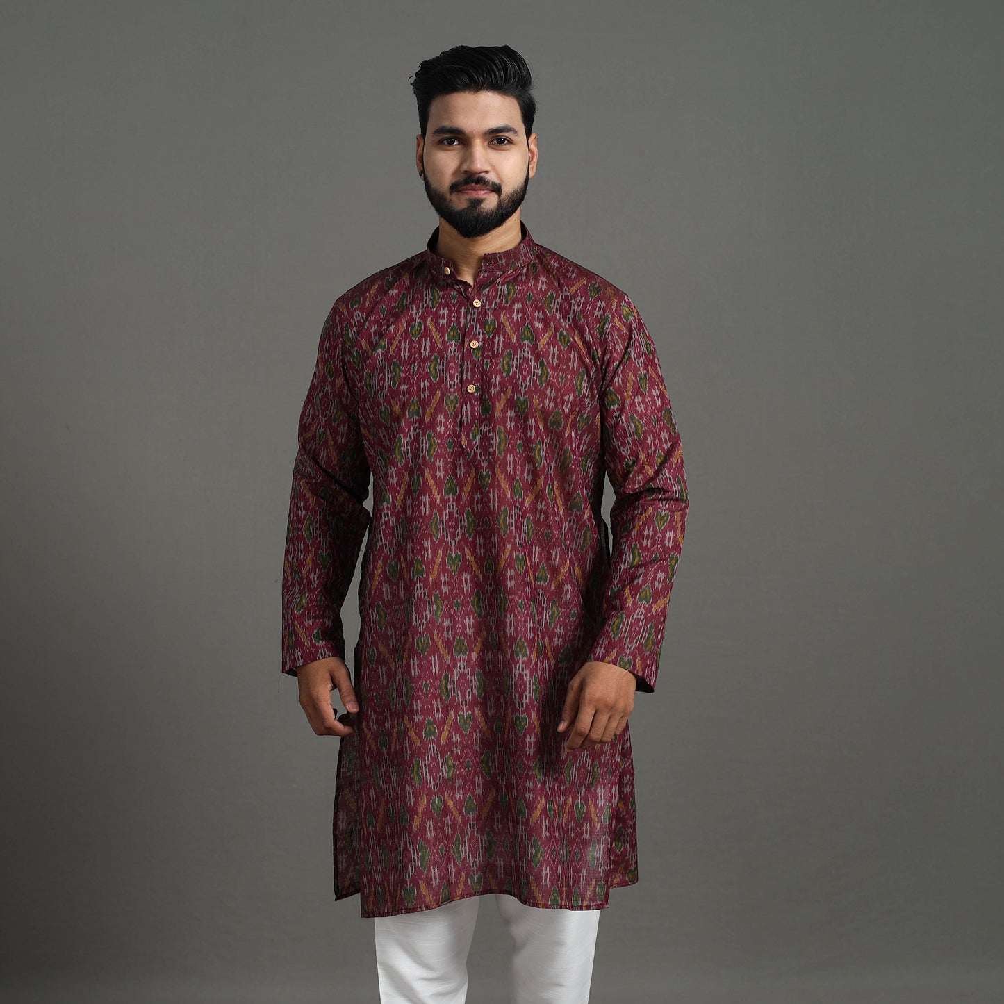 Maroon - Silk Cotton Handwoven Pochampally Ikat Kurta for Men 04