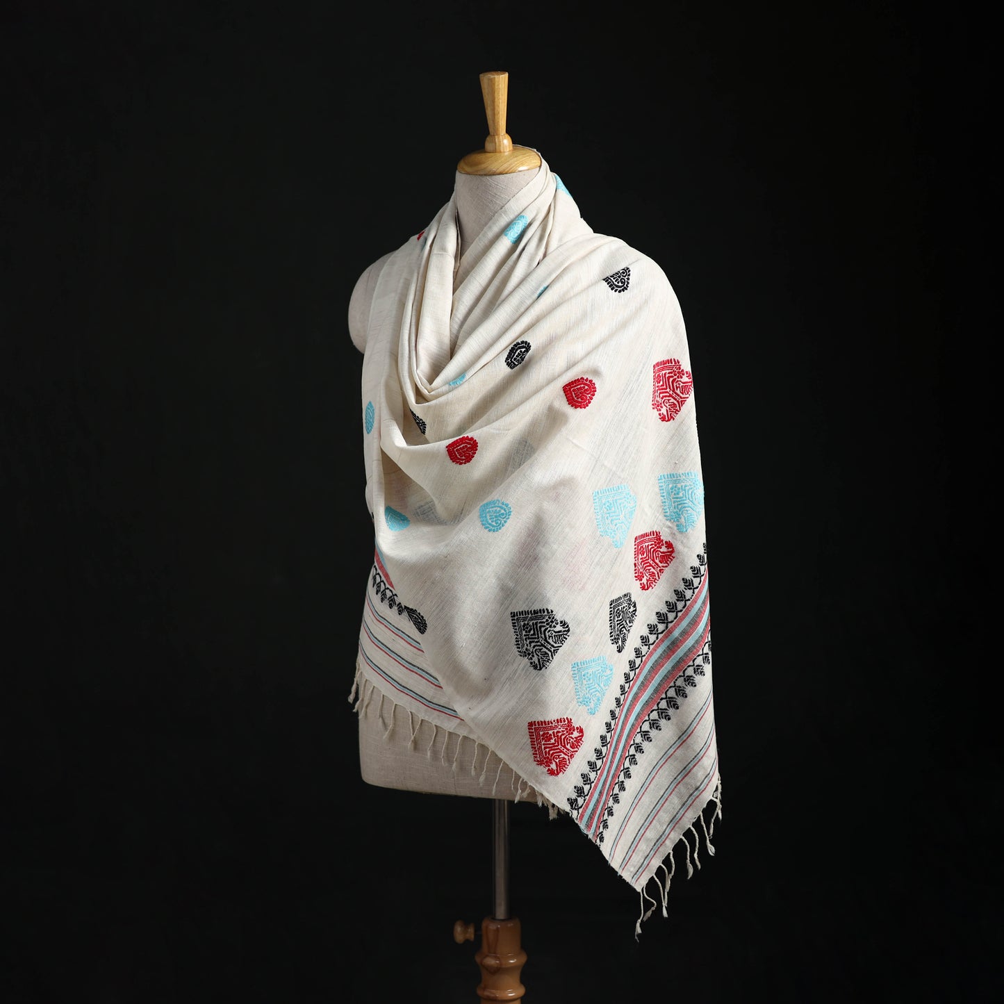 White - Handspun Handwoven Pure Eri Silk Aari Hand Embroidered Shawl of Assam 02