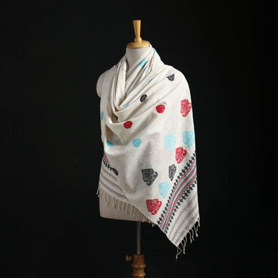 White - Handspun Handwoven Pure Eri Silk Aari Hand Embroidered Shawl of Assam 02