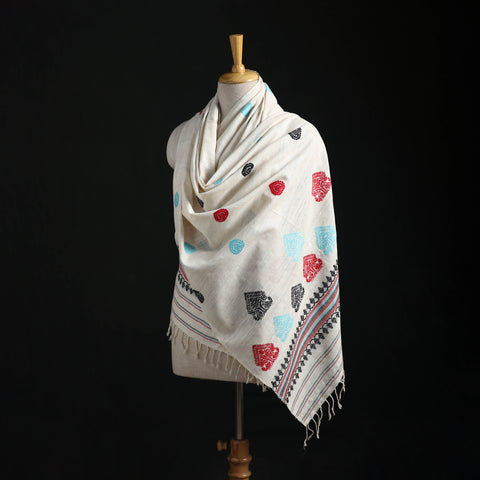 White - Handspun Handwoven Pure Eri Silk Aari Hand Embroidered Shawl of Assam 02
