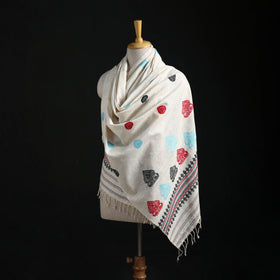 White - Handspun Handwoven Pure Eri Silk Aari Hand Embroidered Shawl of Assam 02