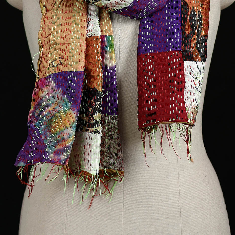 Bengal Kantha Handwork Patchwork Reversible Silk Stole 297