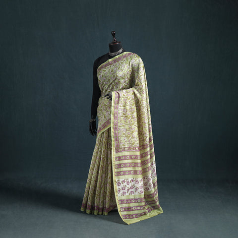 Floral Hand Block Print Mulberry Silk Sanganeri Saree 04