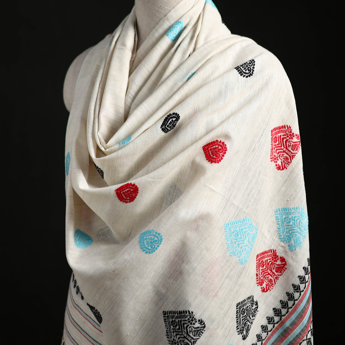 White - Handspun Handwoven Pure Eri Silk Aari Hand Embroidered Shawl of Assam 02