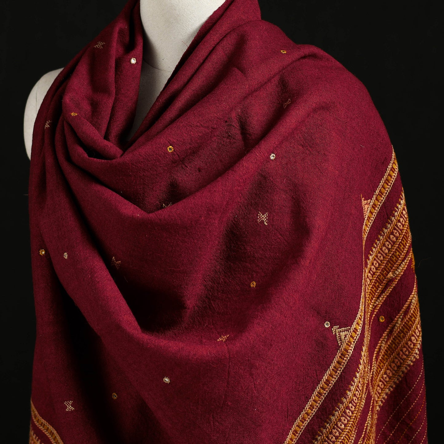 Kutch Bhujodi Handwoven Mirror Work Merino Wool Shawl 16