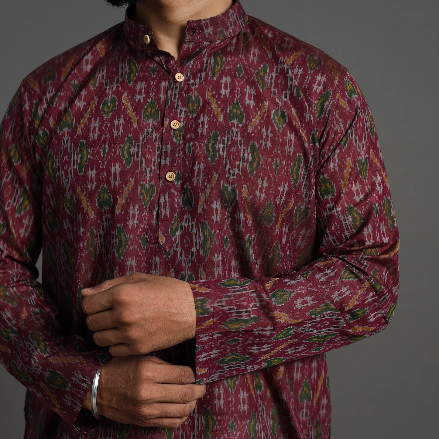 Maroon - Silk Cotton Handwoven Pochampally Ikat Kurta for Men 04