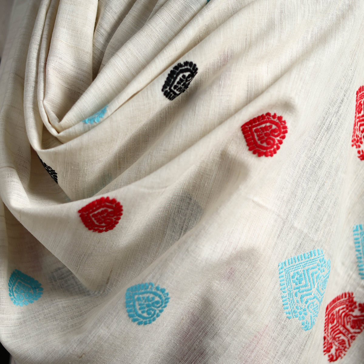 White - Handspun Handwoven Pure Eri Silk Aari Hand Embroidered Shawl of Assam 02