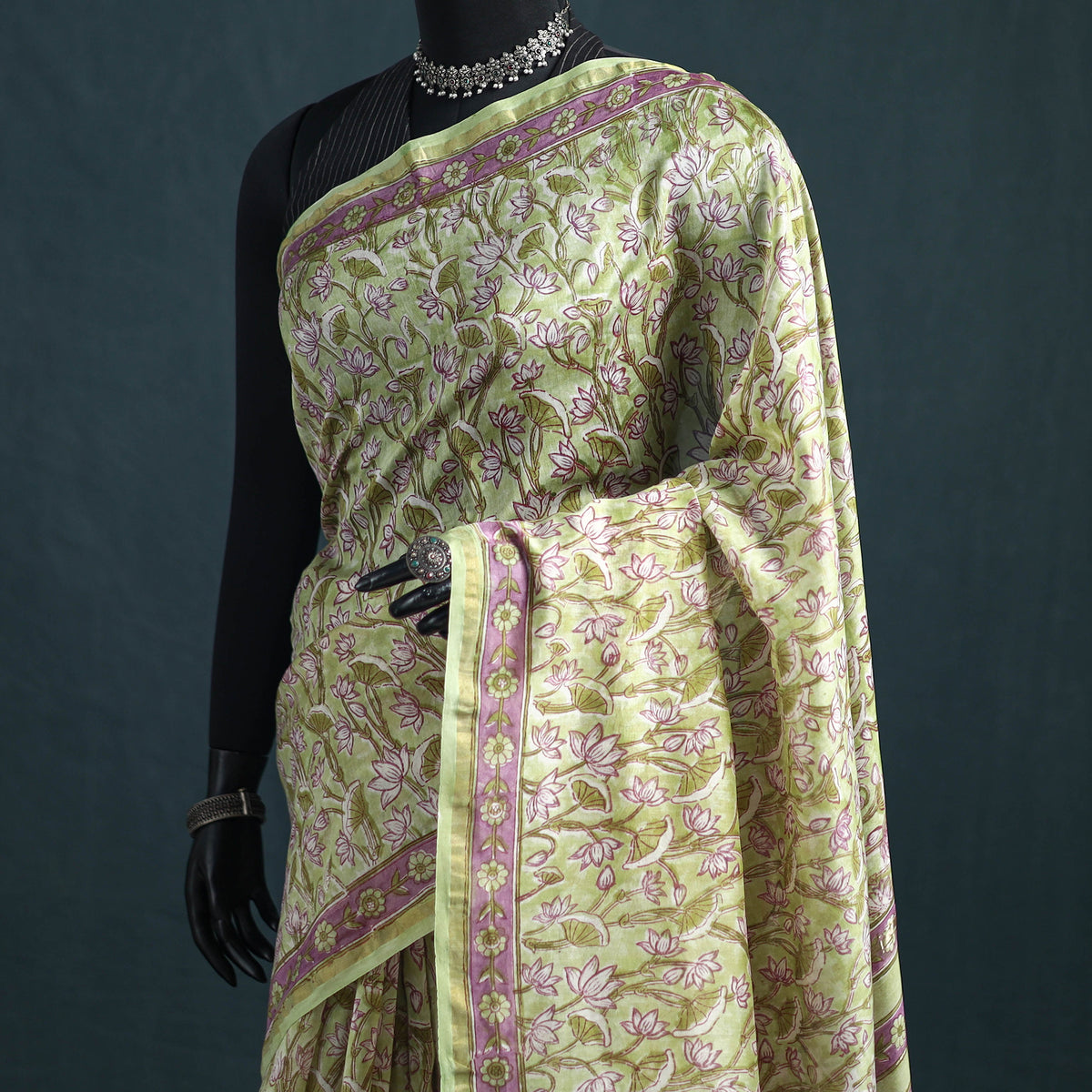 Floral Hand Block Print Mulberry Silk Sanganeri Saree 04