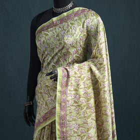 Floral Hand Block Print Mulberry Silk Sanganeri Saree 04