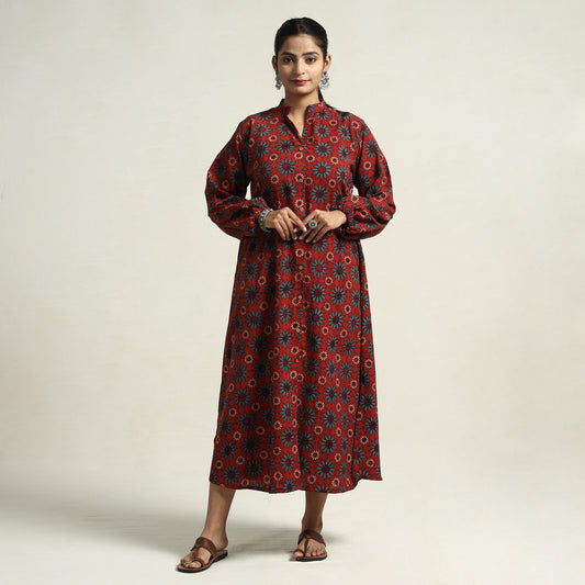 Red - Ajrakh Hand Block Printed Cotton Dress