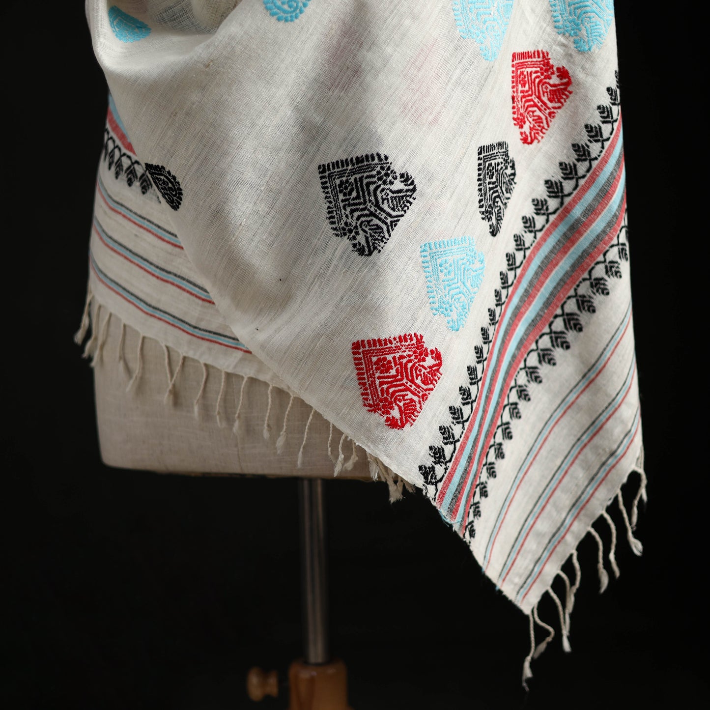 White - Handspun Handwoven Pure Eri Silk Aari Hand Embroidered Shawl of Assam 02