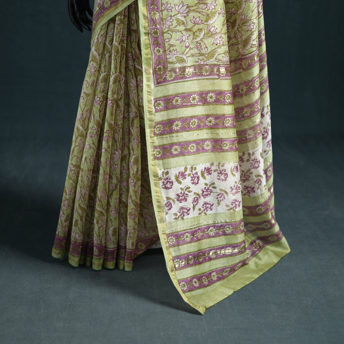 Floral Hand Block Print Mulberry Silk Sanganeri Saree 04