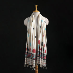 White - Handspun Handwoven Pure Eri Silk Aari Hand Embroidered Shawl of Assam 02