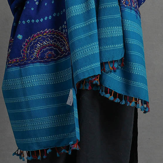 Blue - Handwoven Merino Wool Bandhani Shawl w/ Neran Embroidery 30