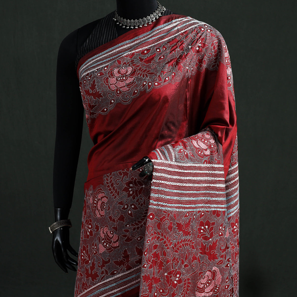 Pure Tussar Silk Handloom Bengal Full Kantha Hand Embroidered Saree 04