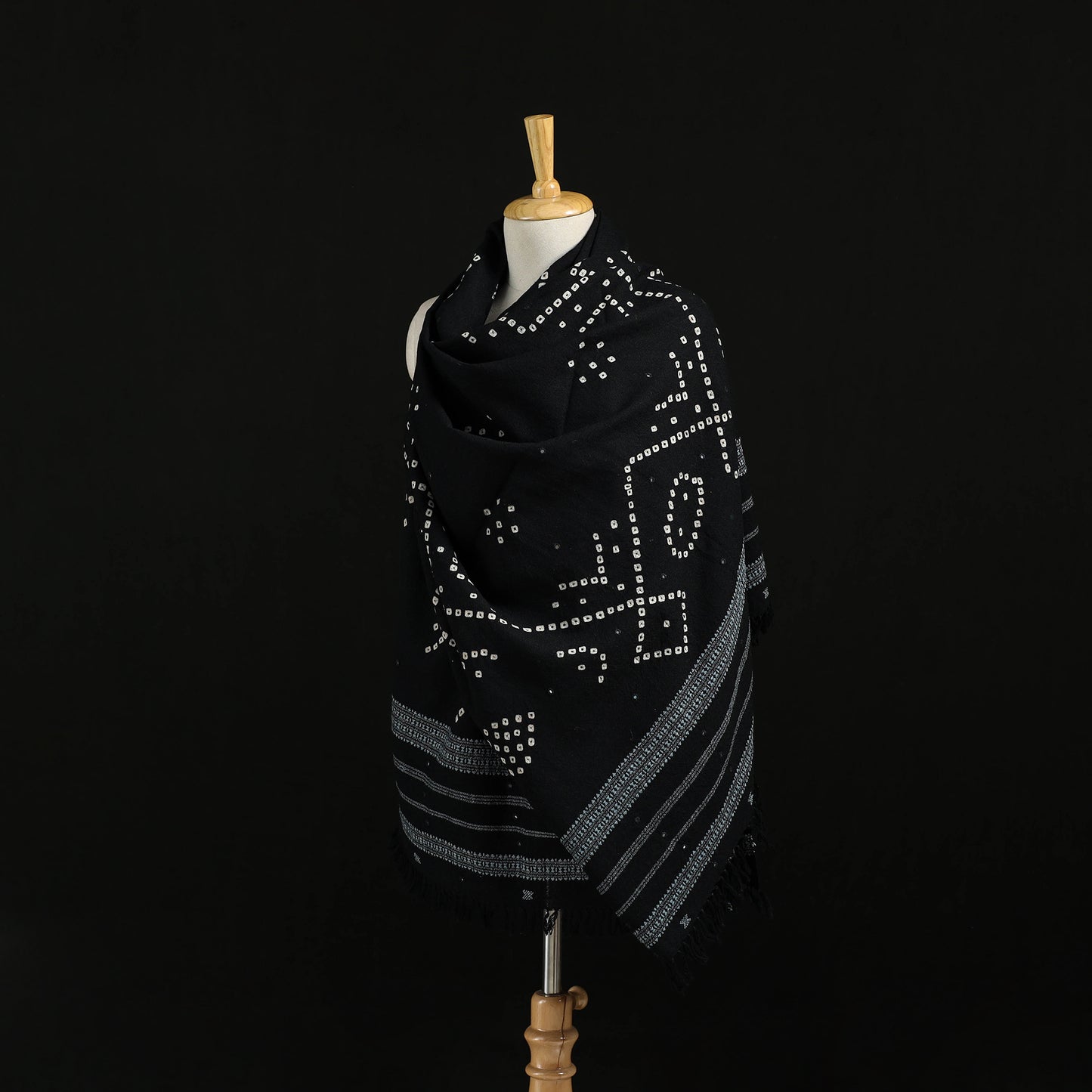 Kutch Handwoven Bandhani Mirror Work Merino Wool Shawl 19