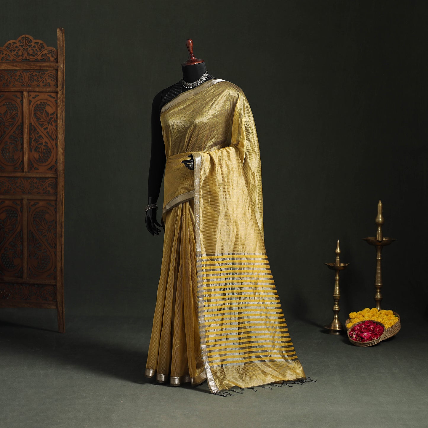 Pure Handloom Zari Stripes Katan Silk Chanderi Saree 13