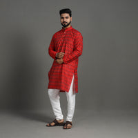 Red - Silk Cotton Handwoven Pochampally Ikat Kurta for Men 05