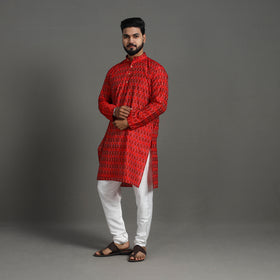 Red Silk Cotton Handwoven Pochampally Ikat Kurta for Men