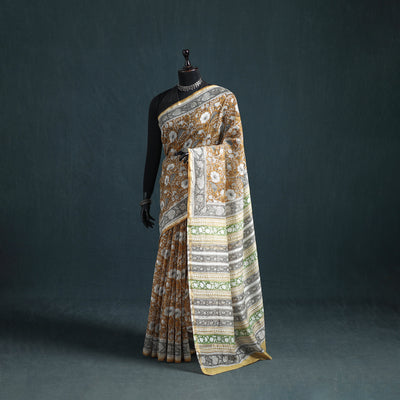 Floral Hand Block Print Mulberry Silk Sanganeri Saree 05