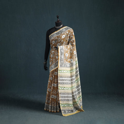 Floral Hand Block Print Mulberry Silk Sanganeri Saree 05