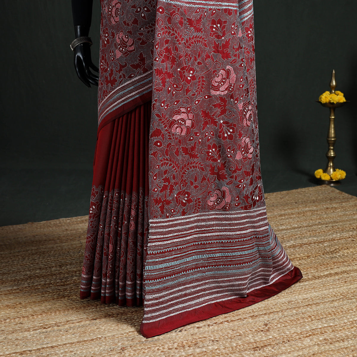 Pure Tussar Silk Handloom Bengal Full Kantha Hand Embroidered Saree 04