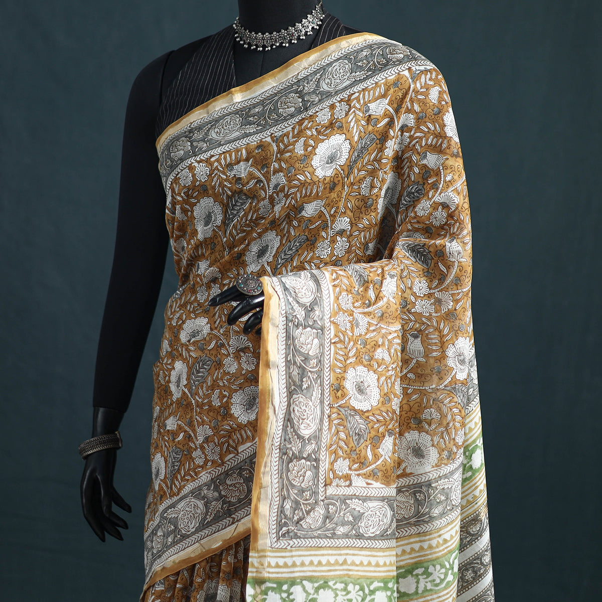 Floral Hand Block Print Mulberry Silk Sanganeri Saree 05