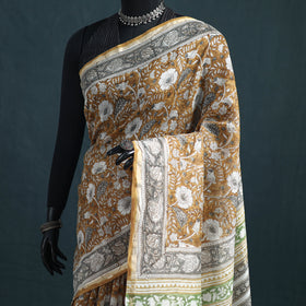 Floral Hand Block Print Mulberry Silk Sanganeri Saree 05