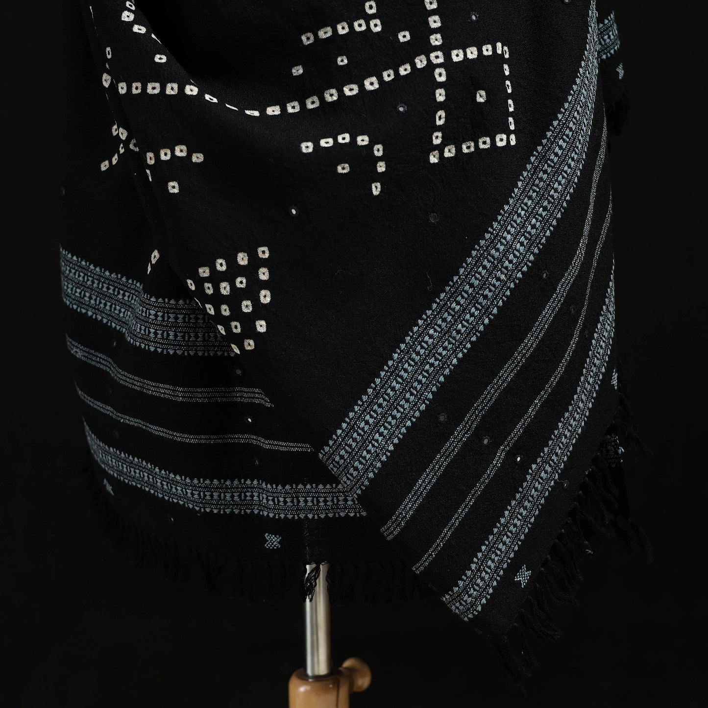Kutch Handwoven Bandhani Mirror Work Merino Wool Shawl 19