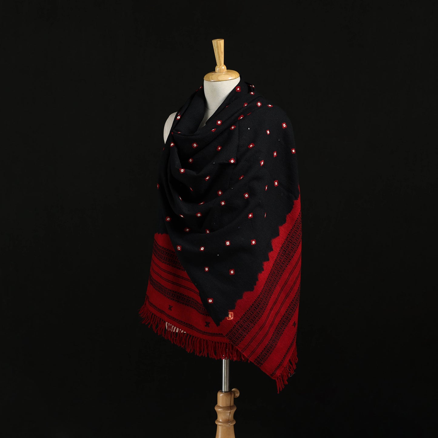 Kutch Handwoven Bandhani Mirror Work Merino Wool Shawl 20