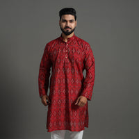 Red - Silk Cotton Handwoven Pochampally Ikat Kurta for Men 03