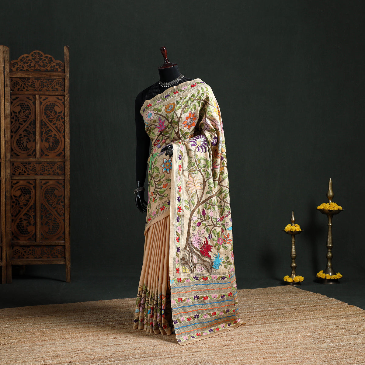 Pure Tussar Silk Handloom Bengal Kantha Hand Embroidered Saree 05
