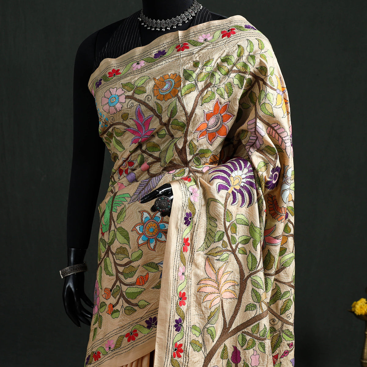 Pure Tussar Silk Handloom Bengal Kantha Hand Embroidered Saree 05