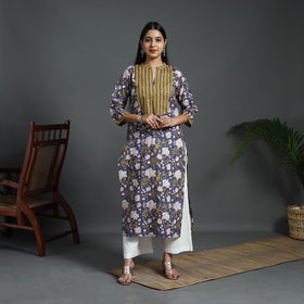 Buy Blue Sequins Work Cotton Straight Sanganeri Print Kurta