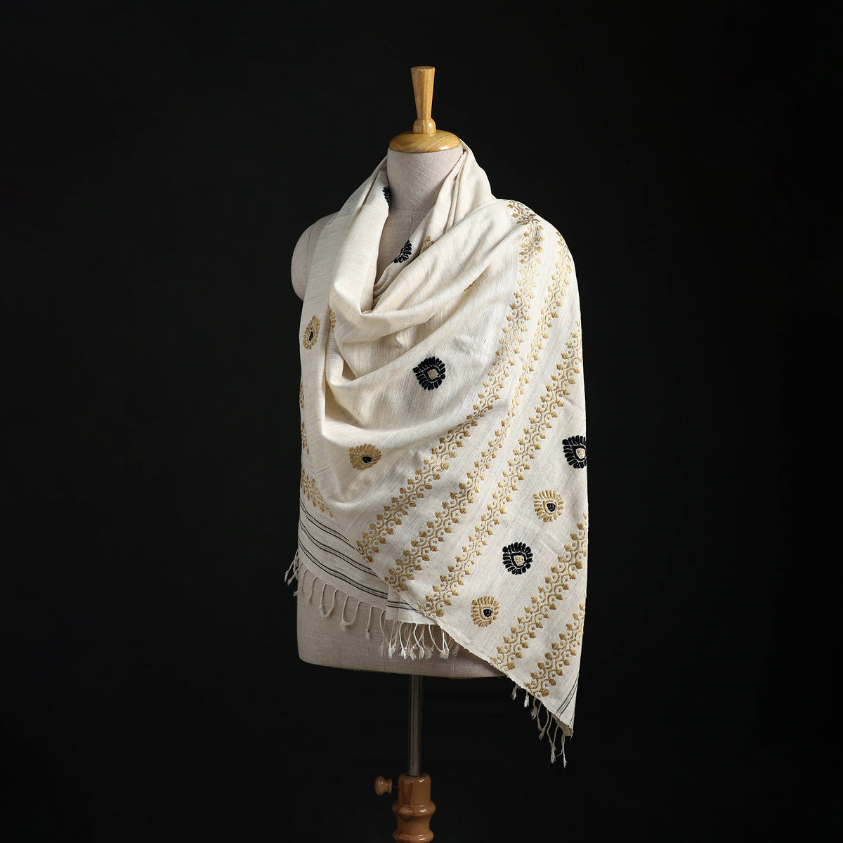 White - Handspun Handwoven Pure Eri Silk Aari Hand Embroidered Shawl of Assam 04