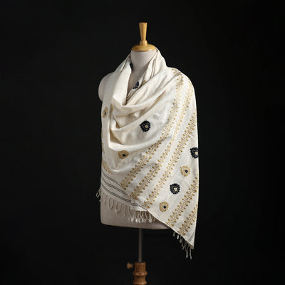 White - Handspun Handwoven Pure Eri Silk Aari Hand Embroidered Shawl of Assam 04