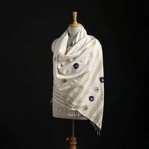 White - Handspun Handwoven Pure Eri Silk Aari Hand Embroidered Shawl of Assam 04
