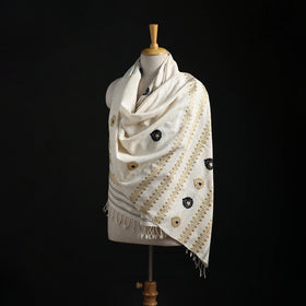 White - Handspun Handwoven Pure Eri Silk Aari Hand Embroidered Shawl of Assam 04