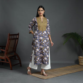 Buy Blue Sequins Work Cotton Straight Sanganeri Print Kurta