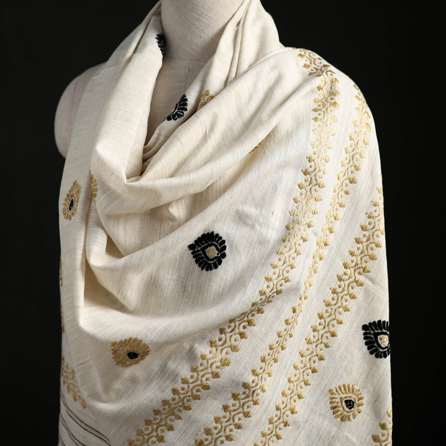 White - Handspun Handwoven Pure Eri Silk Aari Hand Embroidered Shawl of Assam 04