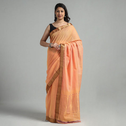 Peach - Mangalagiri Stripe Cotton Handloom Saree with Pochampally Ikat Blouse Piece