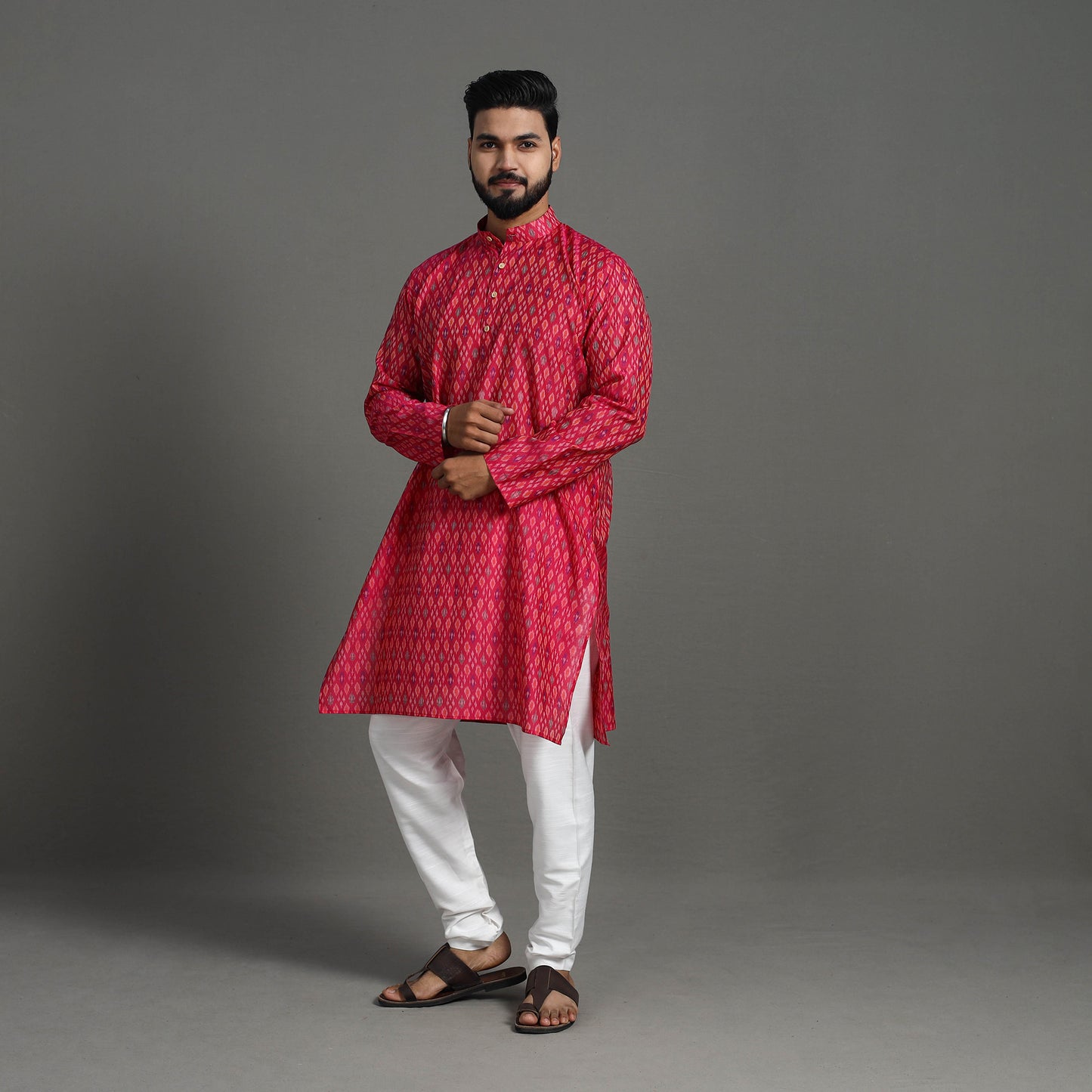 Pink - Silk Cotton Handwoven Pochampally Ikat Kurta for Men 02