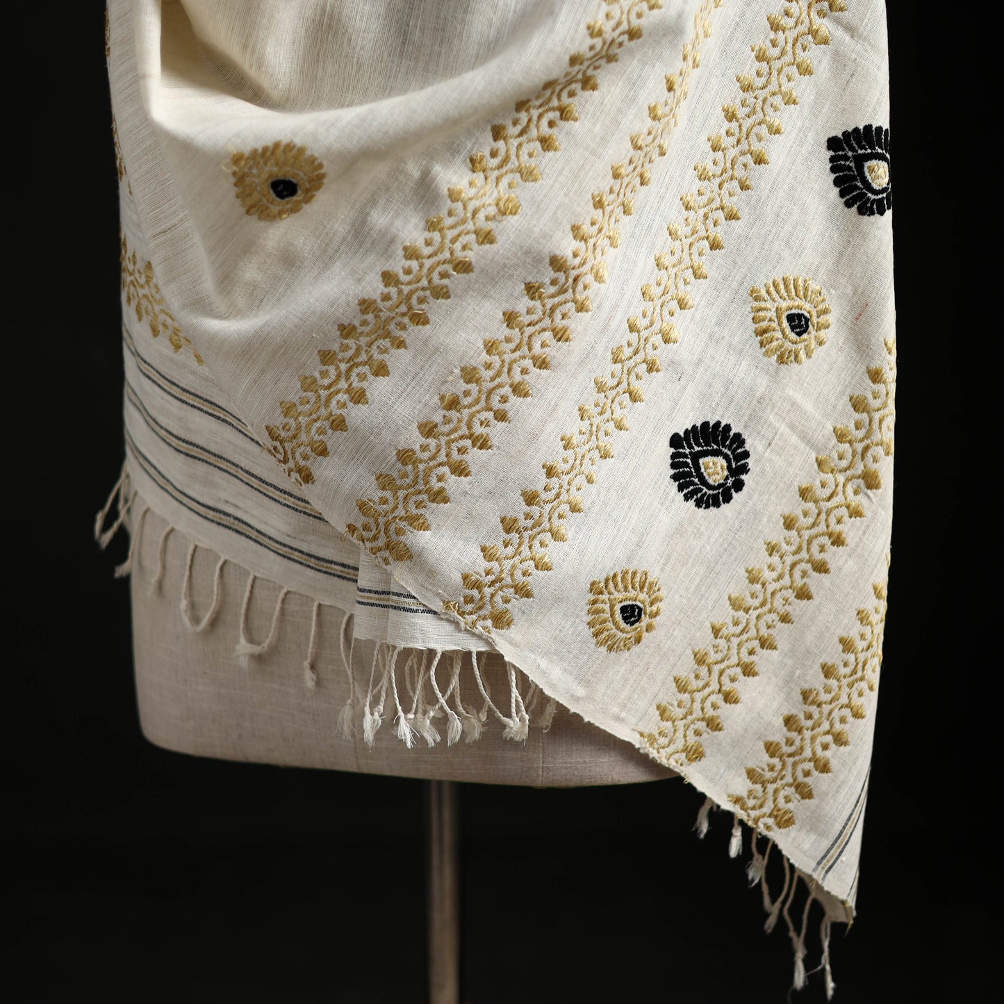 White - Handspun Handwoven Pure Eri Silk Aari Hand Embroidered Shawl of Assam 04