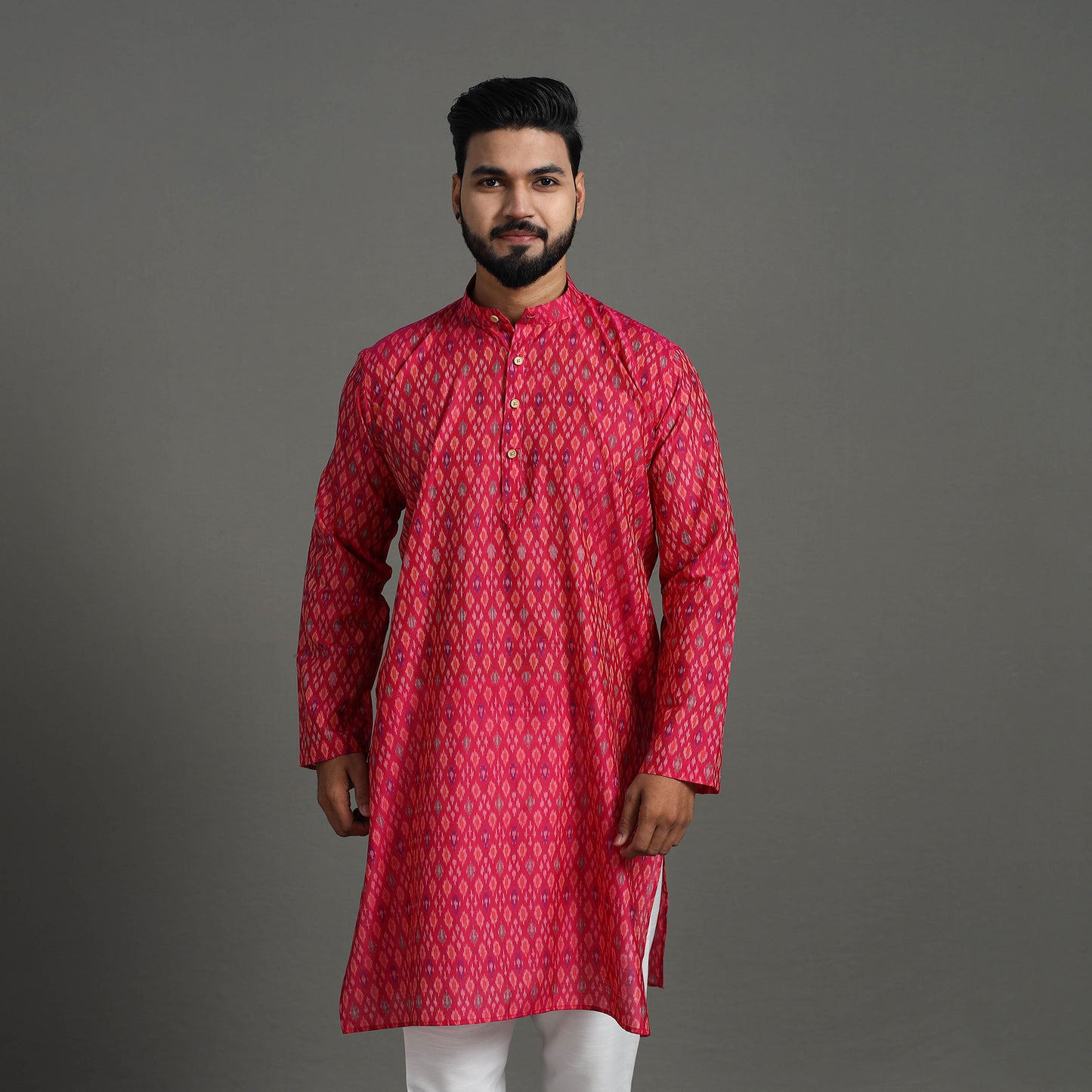 Pink - Silk Cotton Handwoven Pochampally Ikat Kurta for Men 02