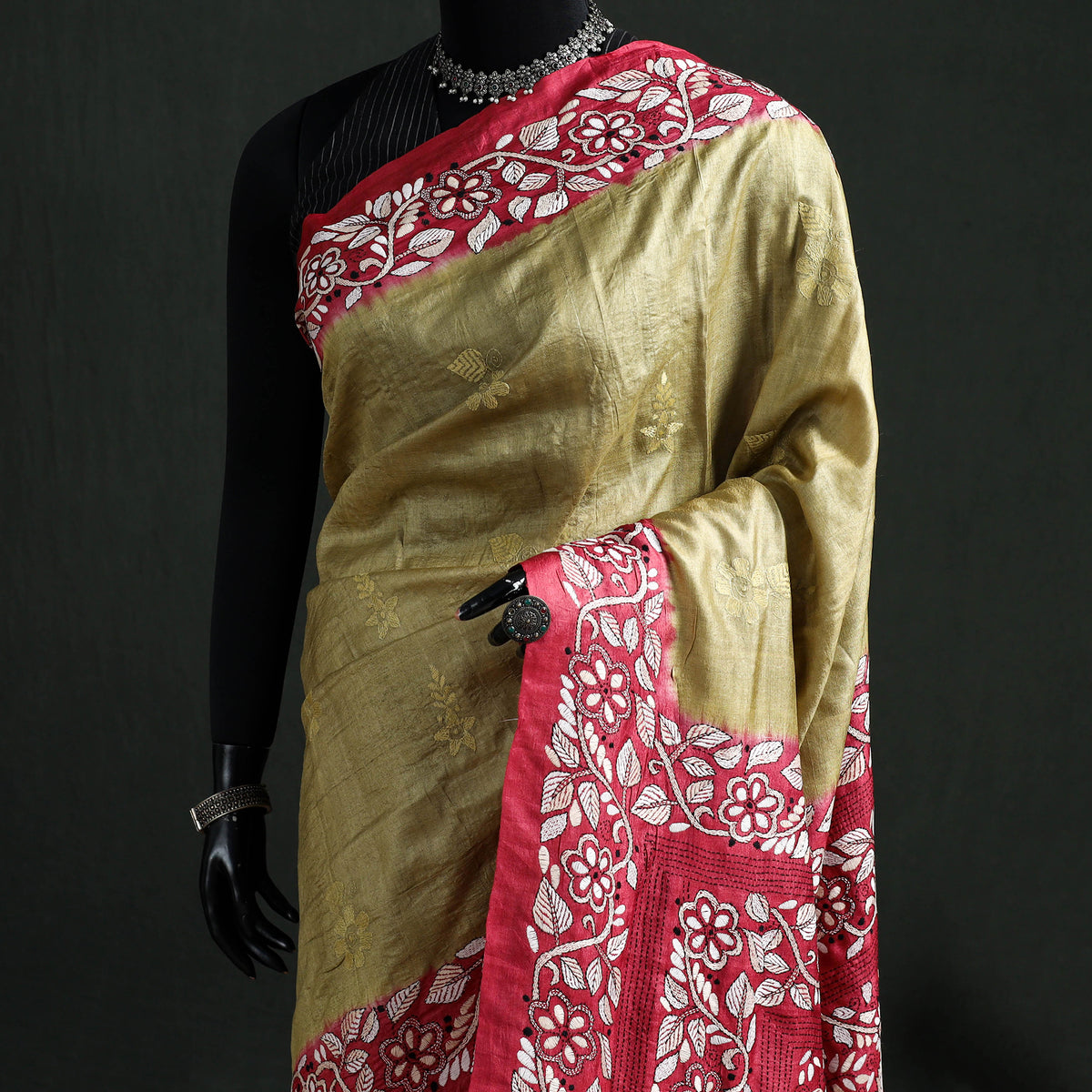 Pure Tussar Silk Handloom Bengal Full Kantha Hand Embroidered Saree 06