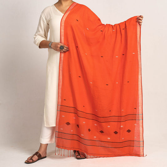 Orange - Bengal Jamdani Buti Handloom Cotton Dupatta with Tassels